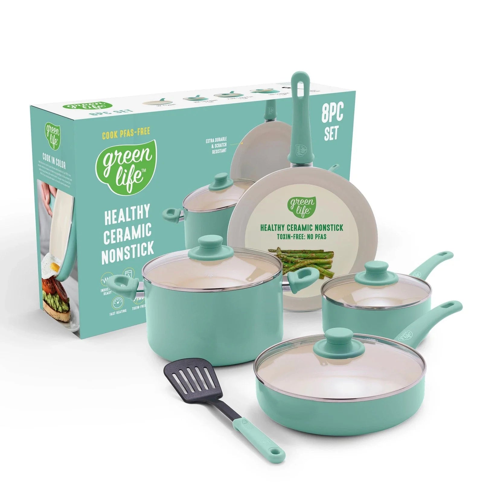 8 Piece Nonstick Cookware Set, Non-Toxic CC009158-001 - Turquoise
