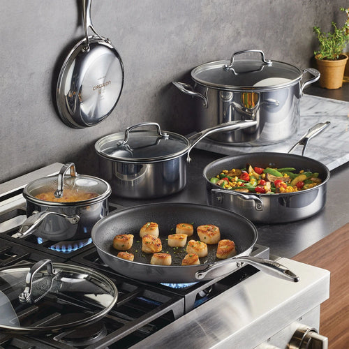 10-piece Clad Stainless Steel, ScratchDefense Non-Stick Cookware Set