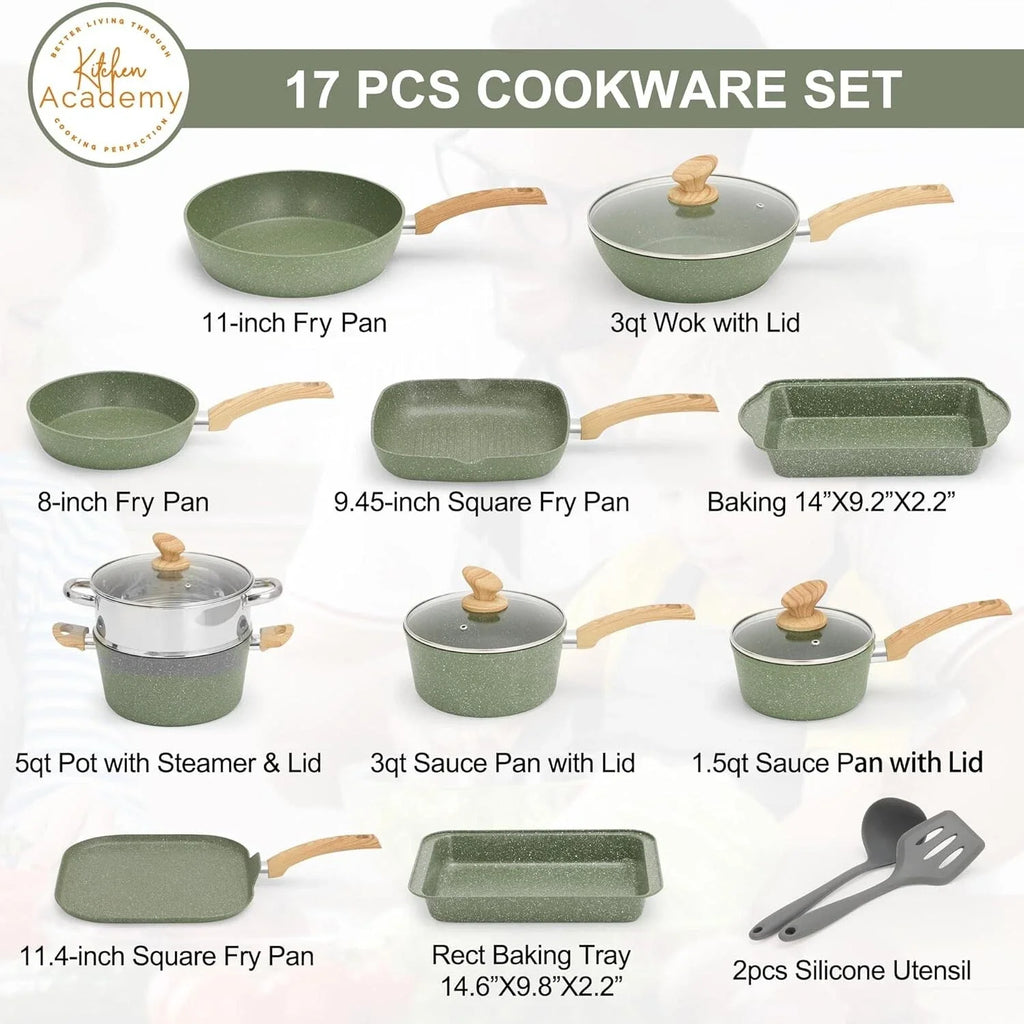 17 Piece Cookware Set Nonstick Granite Coated Pots and Pans Set Bakeware Green